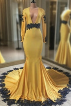Deep V Neck Yellow Formal Prom Dress Black Lace Applique Formal Gown