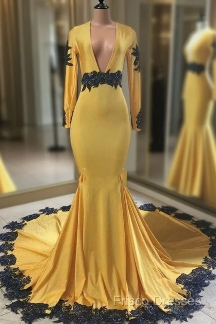Deep V Neck Yellow Formal Prom Dress Black Lace Applique Formal Gown