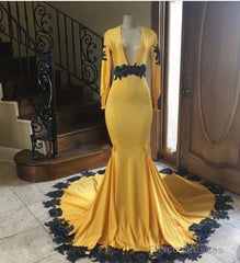 Deep V Neck Yellow Prom Dresses Black Lace Applique Evening Gown