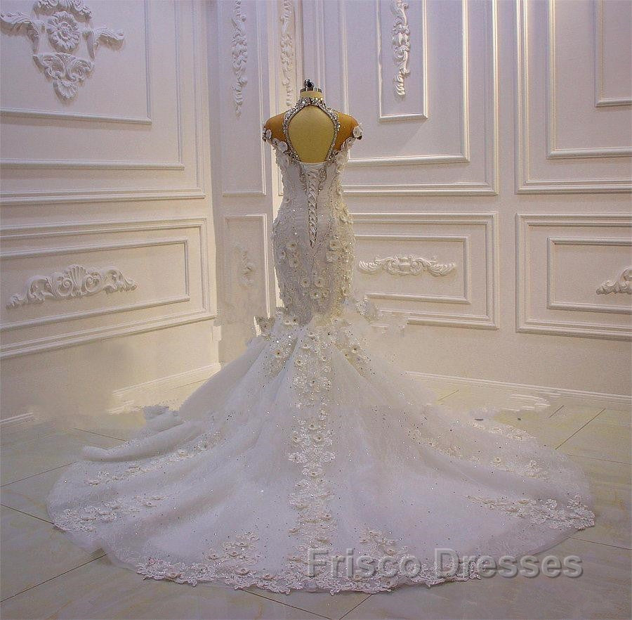 Delicate Sleeveless Beading Sheer Tulle Appliques Mermaid Sparkling Wedding Dress