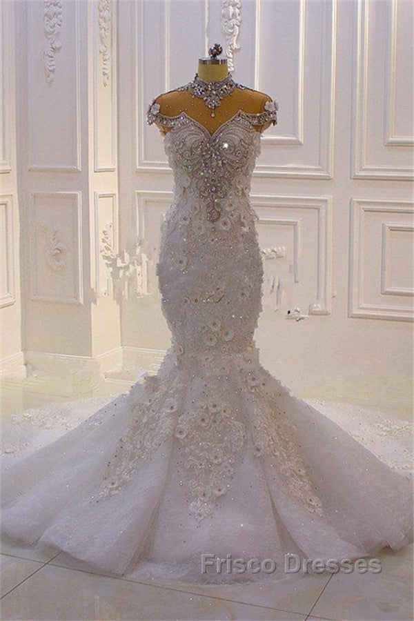 Delicate Sleeveless Beading Sheer Tulle Appliques Mermaid Sparkling Wedding Dress
