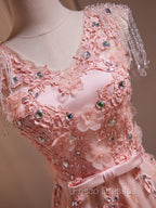 Delicate V-Neck Pink With Rhinestones Lace Appliques Formal Prom Dress