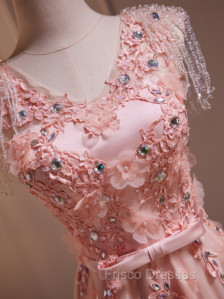 Delicate V-Neck Pink With Rhinestones Lace Appliques Formal Prom Dress