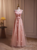 Delicate V-Neck Pink With Rhinestones Lace Appliques Formal Prom Dress
