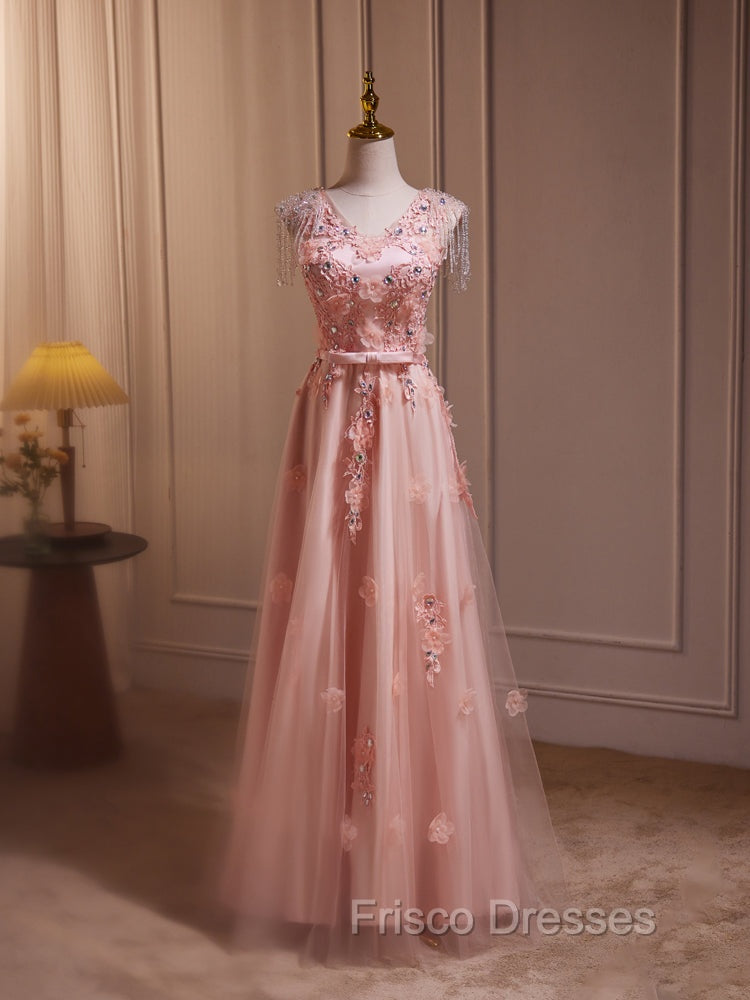 Delicate V-Neck Pink With Rhinestones Lace Appliques Formal Prom Dress