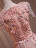 Delicate V-Neck Pink With Rhinestones Lace Appliques Formal Prom Dress