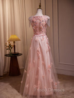 Delicate V-Neck Pink With Rhinestones Lace Appliques Formal Prom Dress