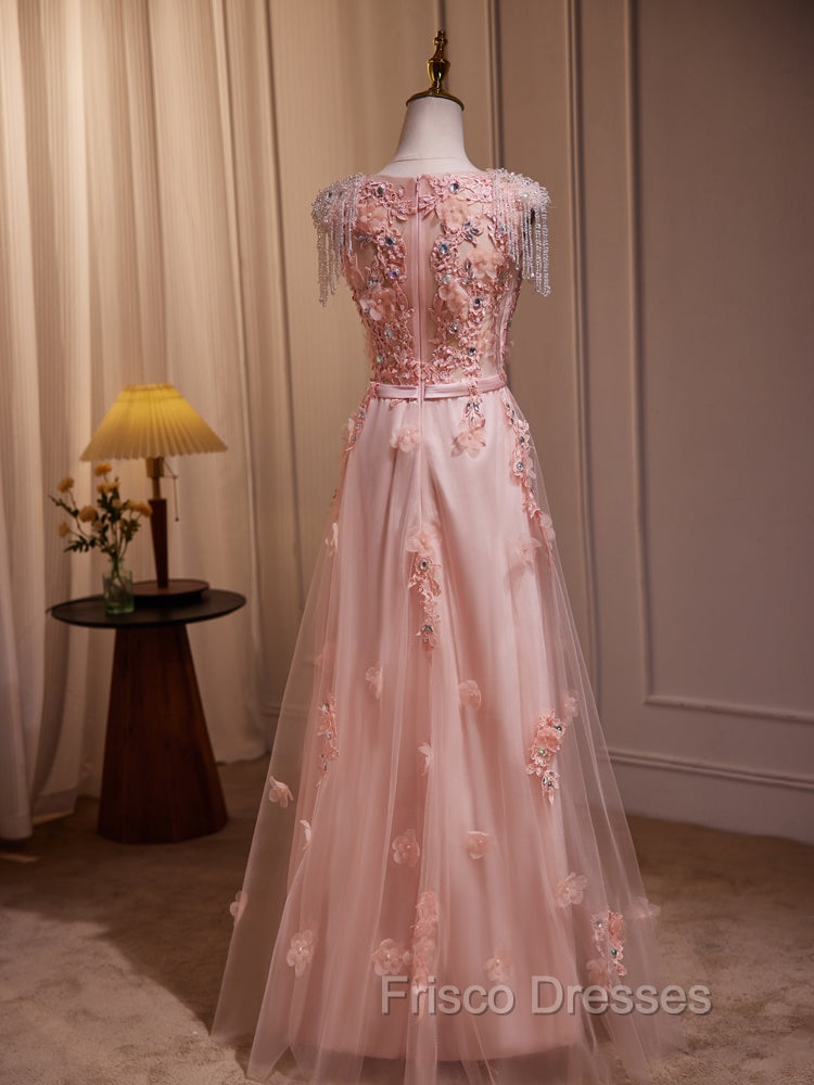 Delicate V-Neck Pink With Rhinestones Lace Appliques Formal Prom Dress