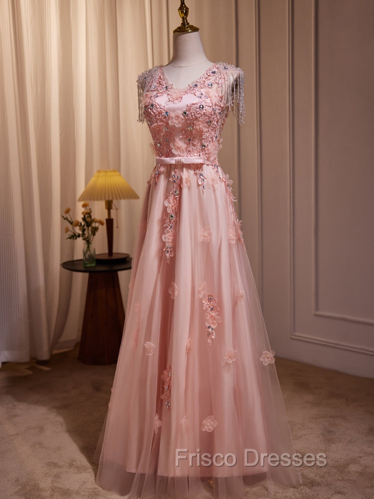 Delicate V-Neck Pink With Rhinestones Lace Appliques Formal Prom Dress