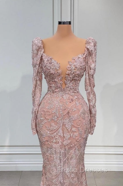 Designer Pink V-neck Lace Mermaid Formal Prom Dress Evening Gowns With Long Sleeves Secondary image
