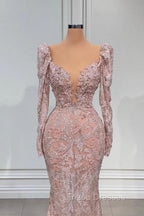 Designer Pink V-neck Lace Mermaid Formal Prom Dress Evening Gowns With Long Sleeves