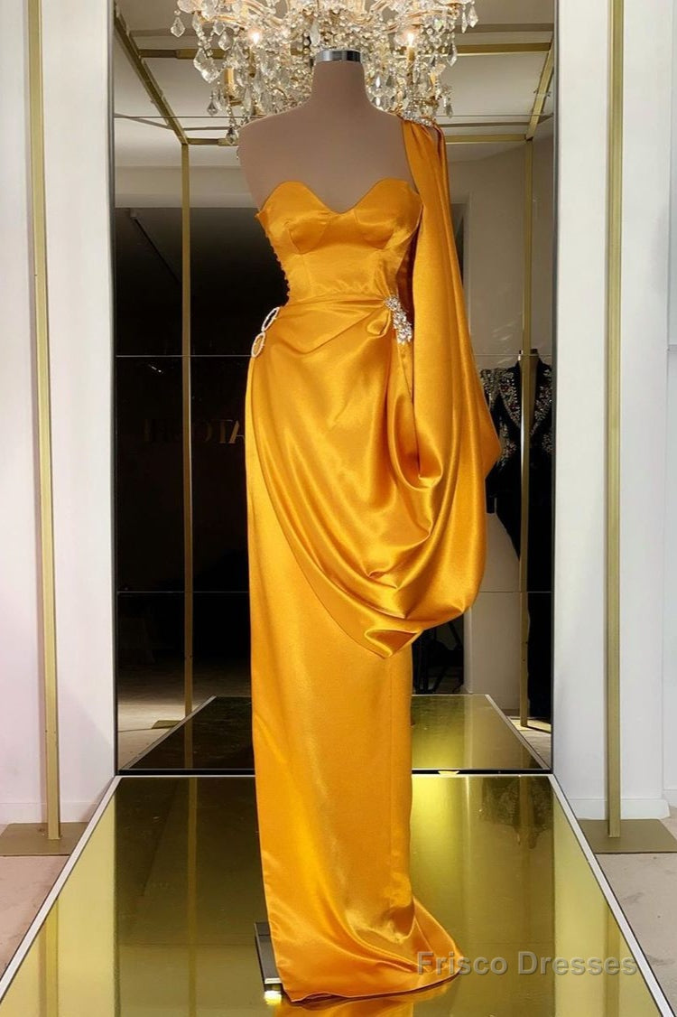 Designer Yellow Gold One Shoulder Long Evening Prom Dress With  Ruffles Main image