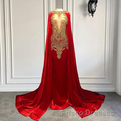 Mermaid Formal Prom Dresses with Red Scoop Neckline and Beadings Cape