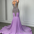 Long Lilac Sleeveless Halter Mermaid Formal Prom Dresses With Beadings