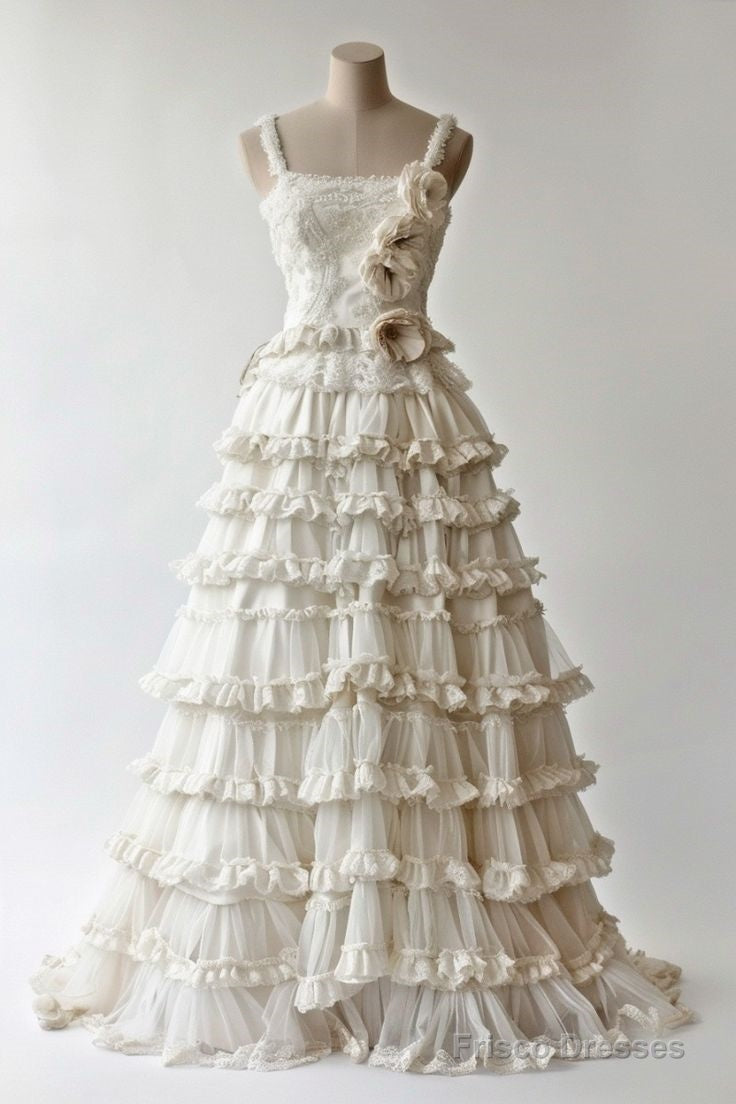 Diamond White A-Line Spaghetti Strap Lace Tulle Long Prom Dress Simple Wedding Dress Main image