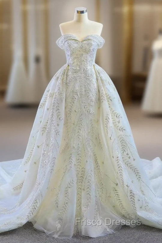 Discover The Latest White Mermaid Tulle Sequins Off the Shoulder Formal Prom Dress With Removable Train