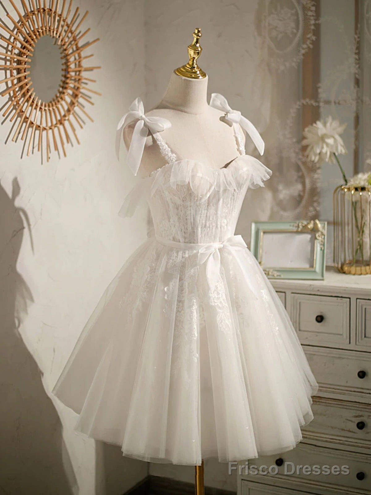 Double Straps Short Ivory Lace Prom Dresses, Short Ivory Lace Formal Graduation Dresses