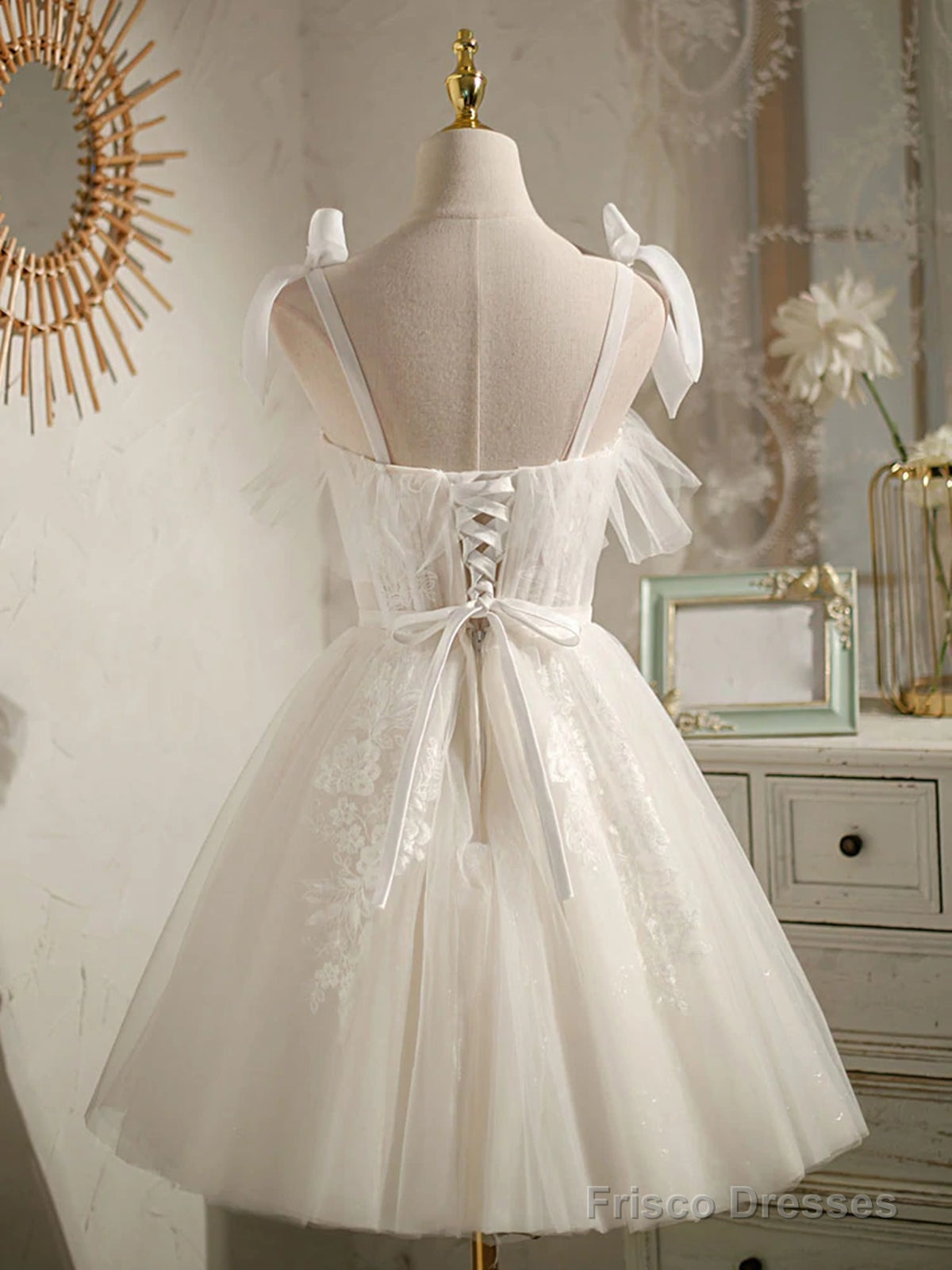 Double Straps Short Ivory Lace Prom Dresses, Short Ivory Lace Formal Graduation Dresses