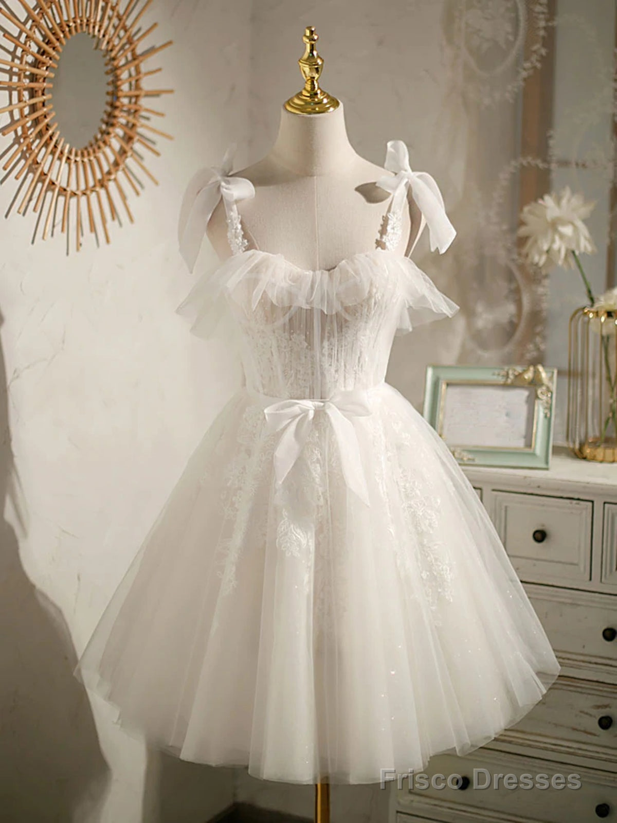 Double Straps Short Ivory Lace Prom Dresses, Short Ivory Lace Formal Graduation Dresses Main image