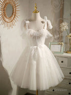 Double Straps Short Ivory Lace Prom Dresses, Short Ivory Lace Formal Graduation Dresses