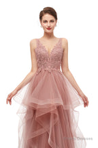 Double V-Neck Beaded Applique Layered Tulle Prom Dresses