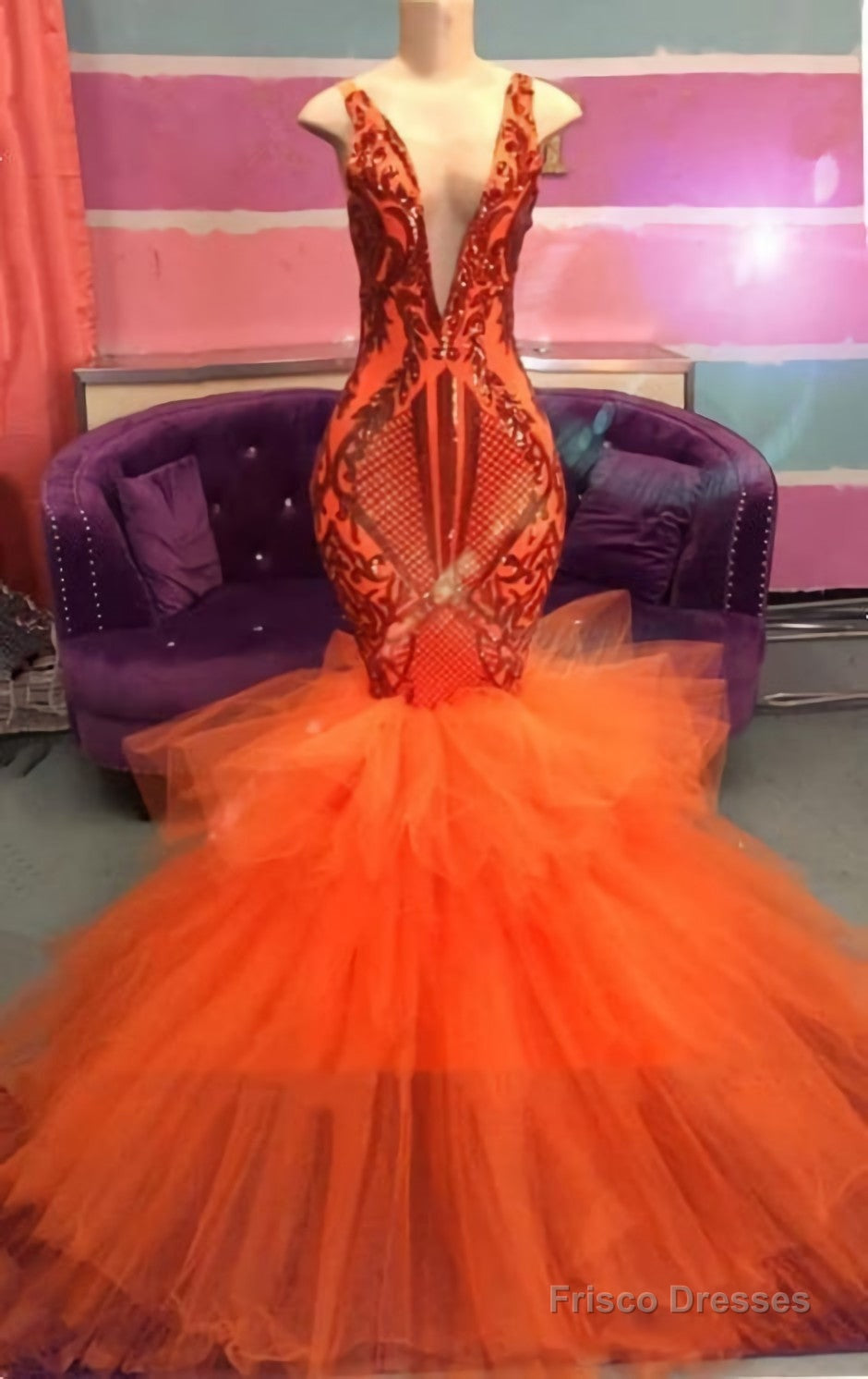 strapless open back dress Mermaid Orange Black Girls Slay Elegant Evening Modest Long Prom Dress –  bridalsew