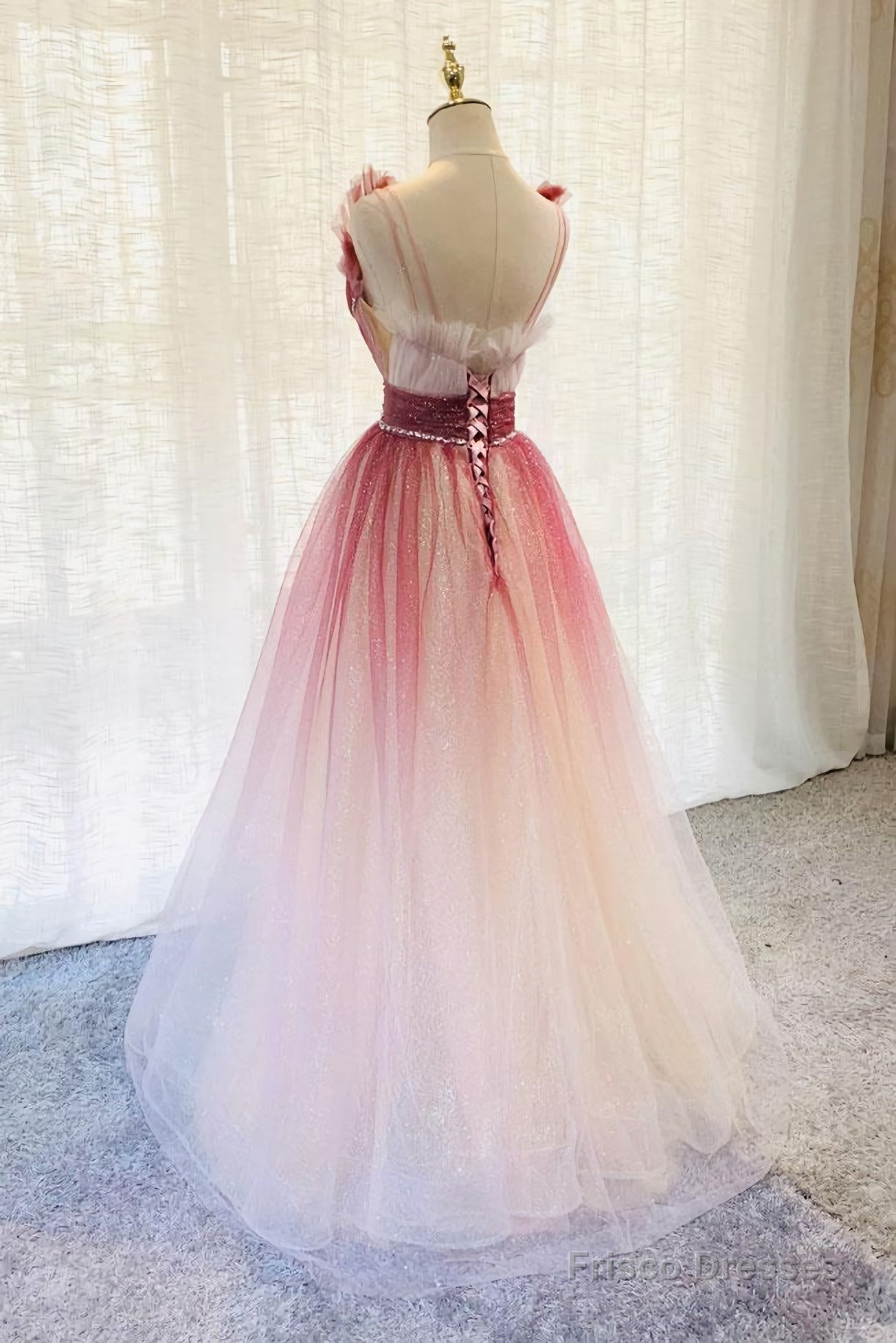 Burgundy V Neck Tulle Sequin Long Prom Dress, Burgundy Evening Dress Secondary image