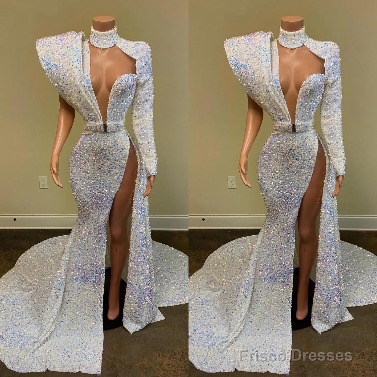 Gorgeous Sequin Long Mermaid Prom Dresses, 2025 Sexy High Slit Sheer High Neck Single Long Sleeve African Black Girl Prom Dress Main image