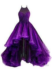 Organza With Beaded Bodice Halter High Low Prom Dress, Pageant Dress