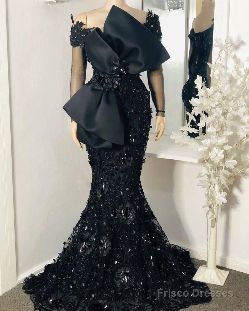 Elegant African Black Mermaid Evening Dresses, Full Sleeves Lace Appliqued Beaded Arabic Aso Prom Gowns With Bow Robe De Soiree Secondary image