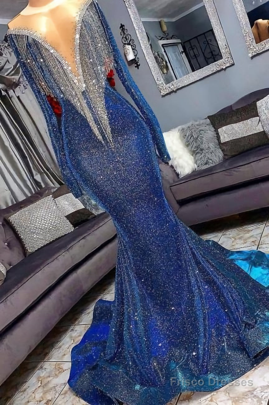 Luxury Navy Blue Long Sleeve Mermaid Prom Dresses, Sequines See Through Neckline Evening Dresses Secondary image