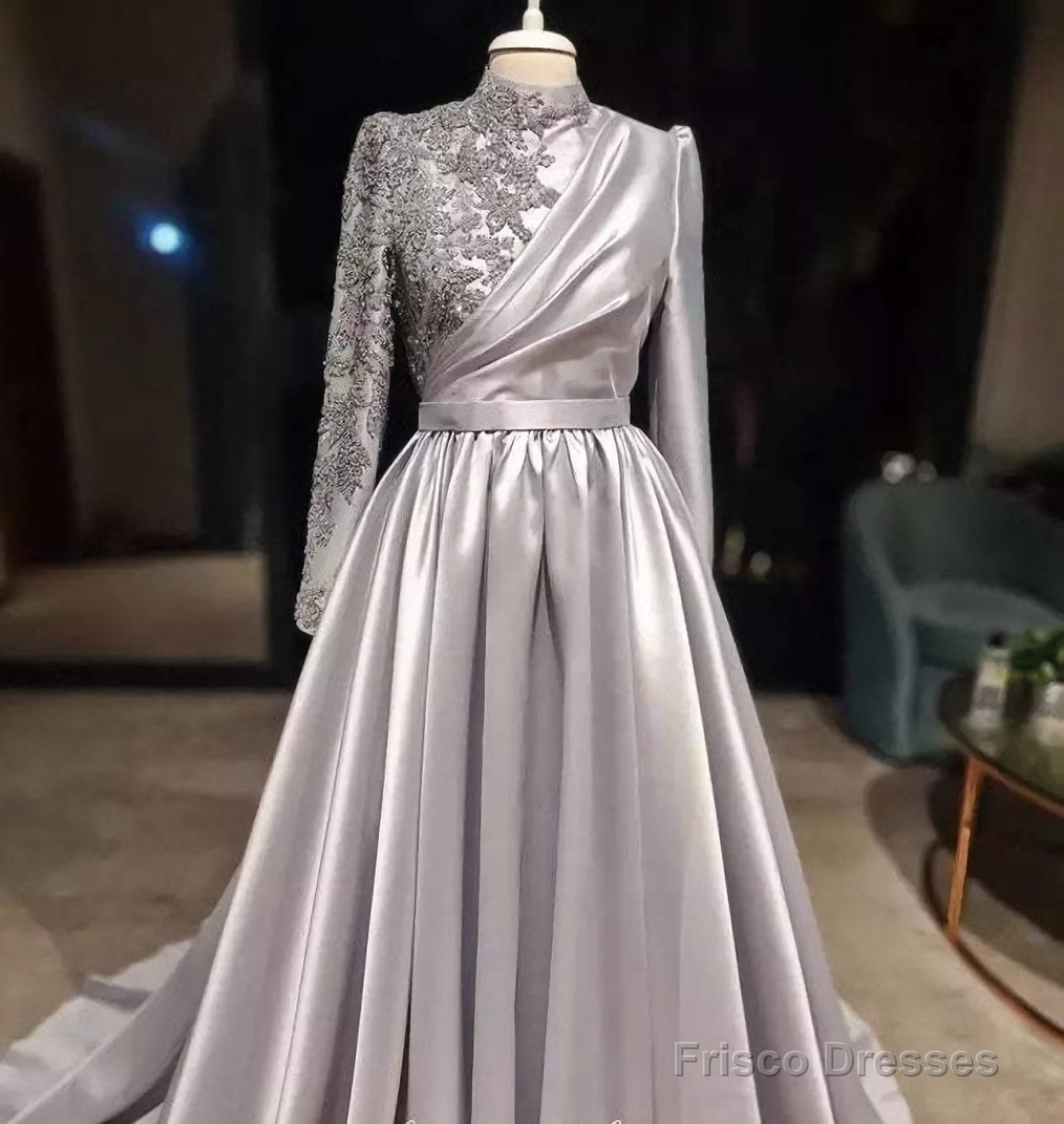 Rose Gold Silver Prom Dress, Long Sleeves Dubai Evening Dresses, Musli –  Frisco Dresses