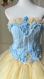 Dreamy Blue And Yellow Color-Blocked Strapless Tulle Ball Gown Evening Dress Sweet 16Th Dress