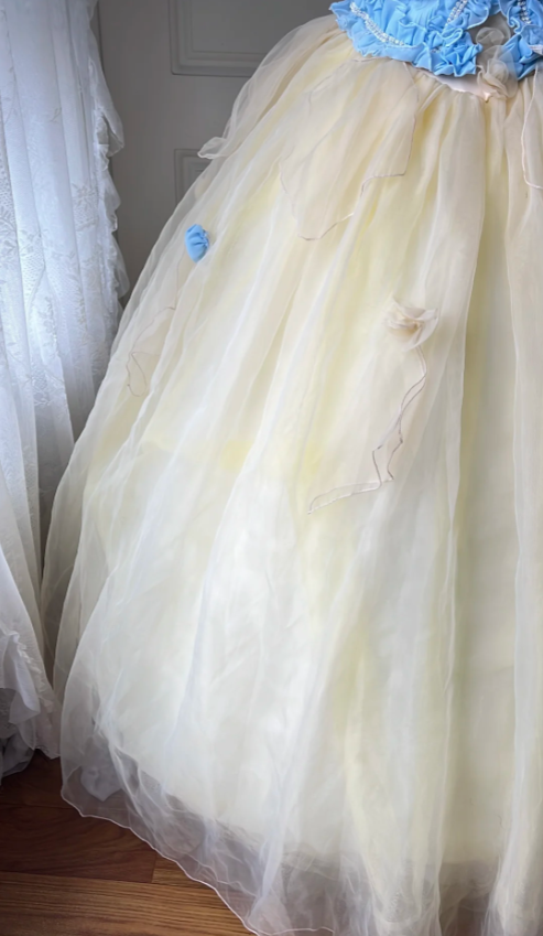 Dreamy Blue And Yellow Color-Blocked Strapless Tulle Ball Gown Evening Dress Sweet 16Th Dress