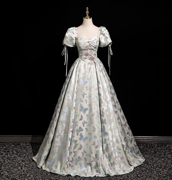 Dreamy Butterfly Jacquard Square Neck Puff Sleeve Satin Long Ball Gown Evening Dress Sweet 16 Dress