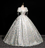 Dreamy Butterfly Jacquard Square Neck Puff Sleeve Satin Long Ball Gown Evening Dress Sweet 16 Dress