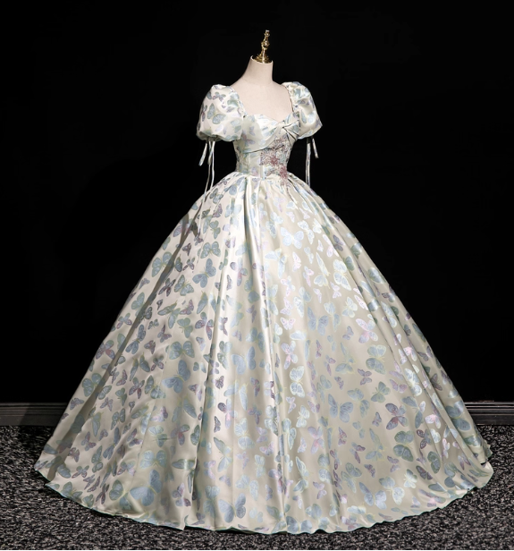 Dreamy Butterfly Jacquard Square Neck Puff Sleeve Satin Long Ball Gown Evening Dress Sweet 16 Dress