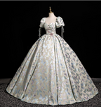 Dreamy Butterfly Jacquard Square Neck Puff Sleeve Satin Long Ball Gown Evening Dress Sweet 16 Dress