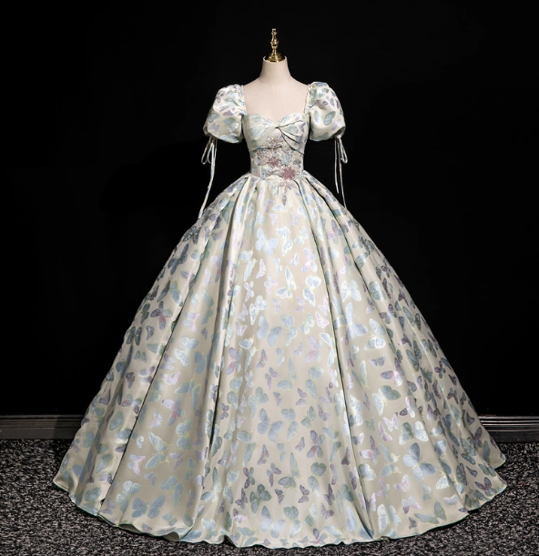 Dreamy Butterfly Jacquard Square Neck Puff Sleeve Satin Long Ball Gown Evening Dress Sweet 16 Dress Main image
