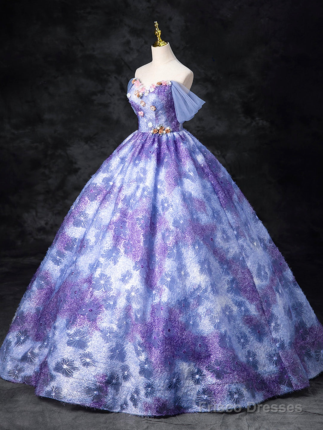 Dreamy Colorful Flowers Purple/Blue Prom Dress, Fairy Off The Shoulder A-Line Princess Party Gown