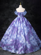 Dreamy Colorful Flowers Purple/Blue Prom Dress, Fairy Off The Shoulder A-Line Princess Party Gown