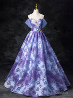 Dreamy Colorful Flowers Purple/Blue Prom Dress, Fairy Off The Shoulder A-Line Princess Party Gown