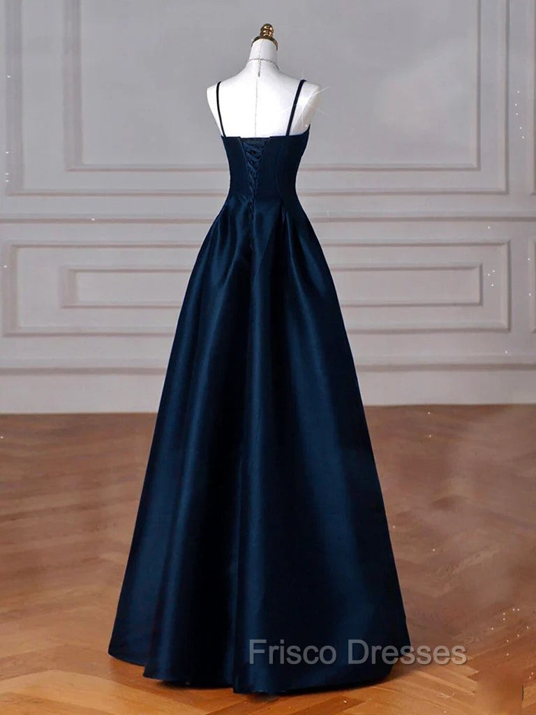 Dreamy Dark Blue Spaghetti Straps Satin Formal Prom Dress