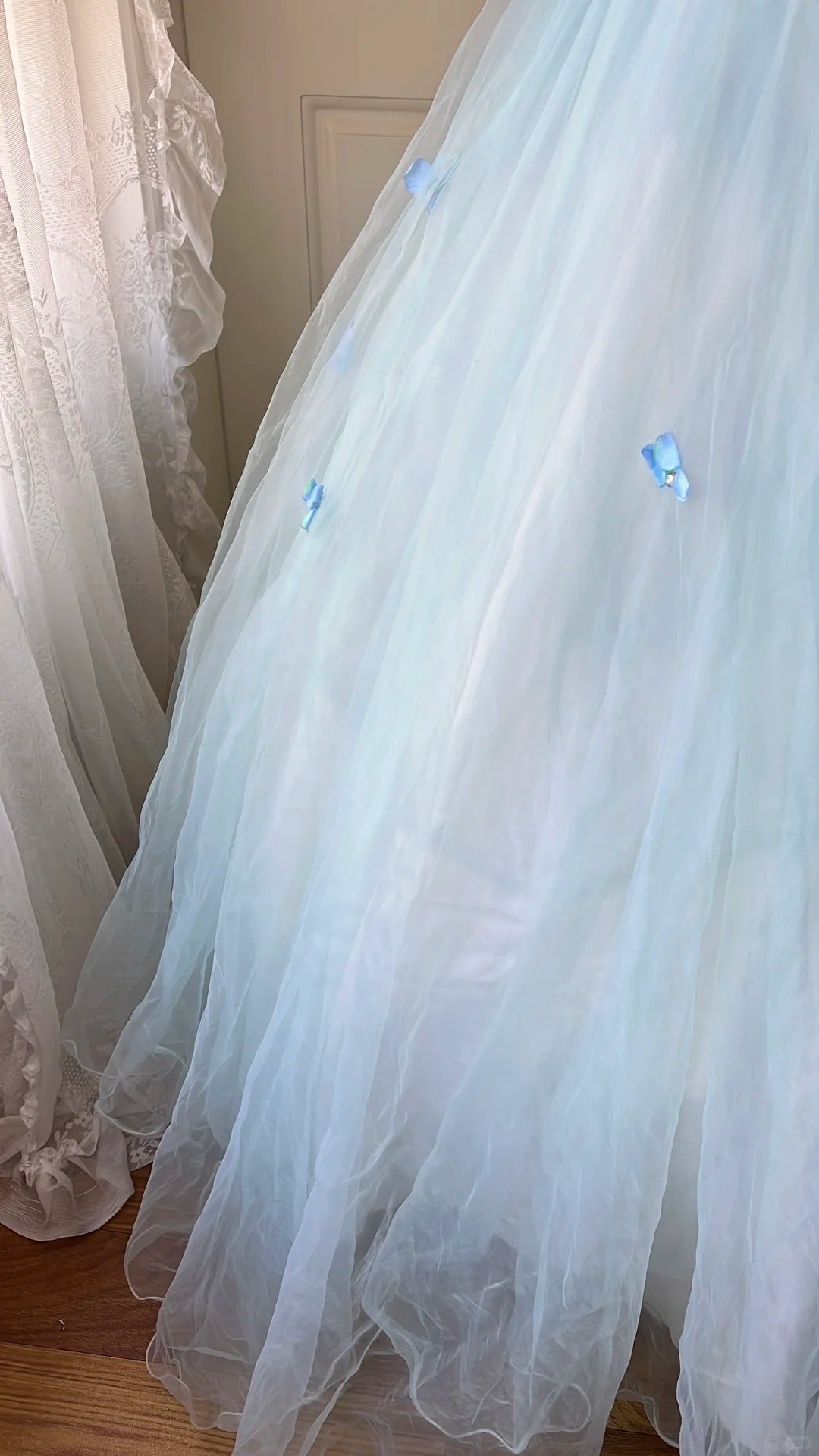 Dreamy Flower Fairy Light Blue 3D Floral V-Neck Tulle Ball Gown Evening Dress Wedding Dress
