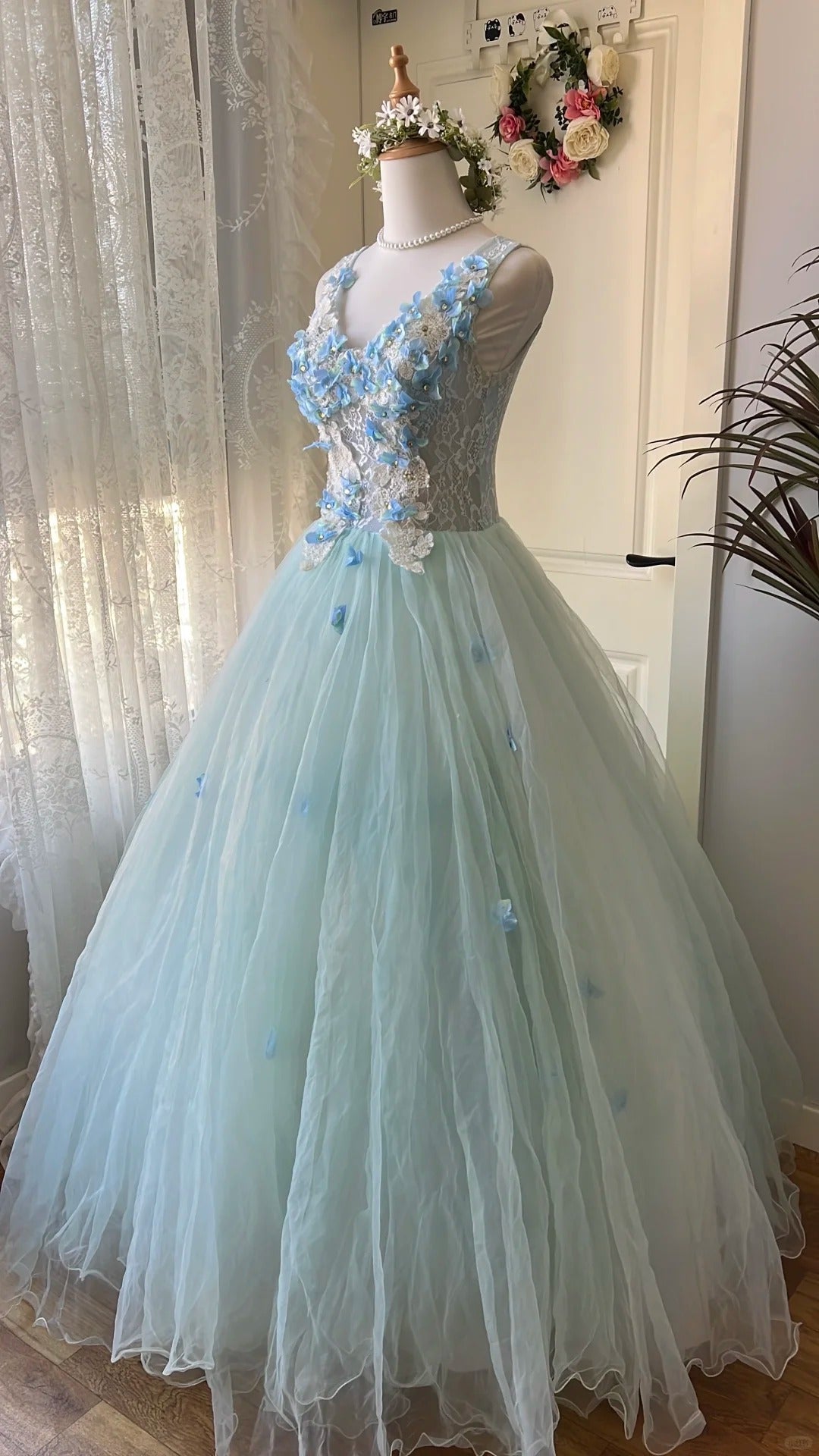 Dreamy Flower Fairy Light Blue 3D Floral V-Neck Tulle Ball Gown Evening Dress Wedding Dress