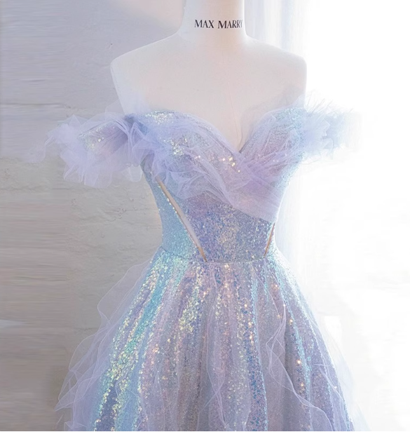 Dreamy Gradient Light Purple A-Line Off-The-Shoulder Iridescent Sequined Tulle Long Prom Dress Evening Dress