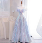 Dreamy Gradient Light Purple A-Line Off-The-Shoulder Iridescent Sequined Tulle Long Prom Dress Evening Dress