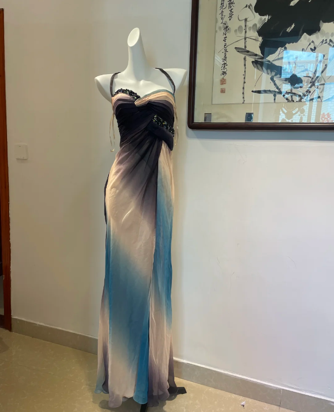 Dreamy Gradient Mermaid Halter Neck Beaded Chiffon Long Prom Dress Evening Dress Main image