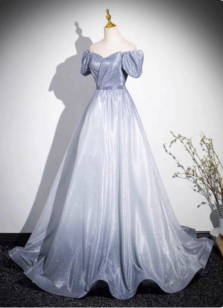 Dreamy Gradient Silver-Gray Puff Sleeve Glitter Satin Long Prom Dress Evening Dress Secondary image