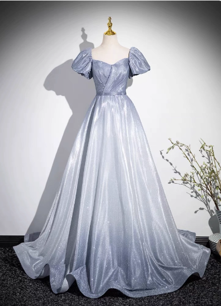 Dreamy Gradient Silver-Gray Puff Sleeve Glitter Satin Long Prom Dress Evening Dress Main image